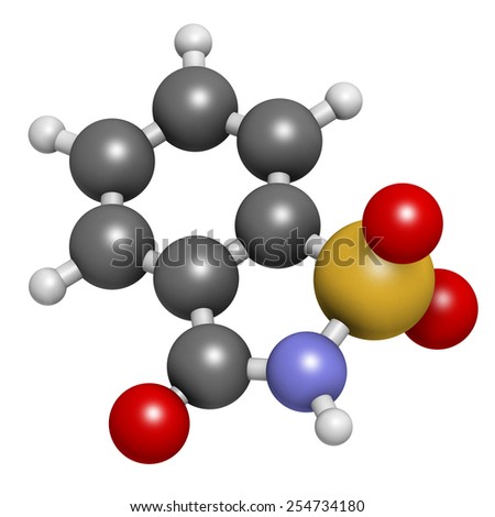 Saccharin artificial sweetener molecule. Atoms are represented as spheres with conventional color coding: hydrogen (white), carbon (grey), nitrogen (blue), oxygen (red), sulfur (yellow).