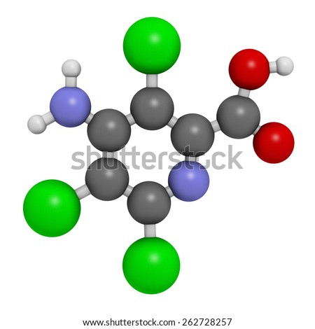 Picloram herbicide molecule. Atoms are represented as spheres with conventional color coding: hydrogen (white), carbon (grey), oxygen (red), nitrogen (blue), chlorine (green).