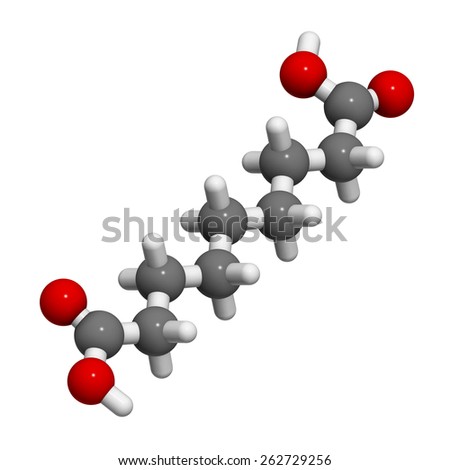 Azelaic acid (nonanedioic acid) molecule. Used in treatment of acne and rosacea. Atoms are represented as spheres with conventional color coding: hydrogen (white), carbon (grey), oxygen (red).