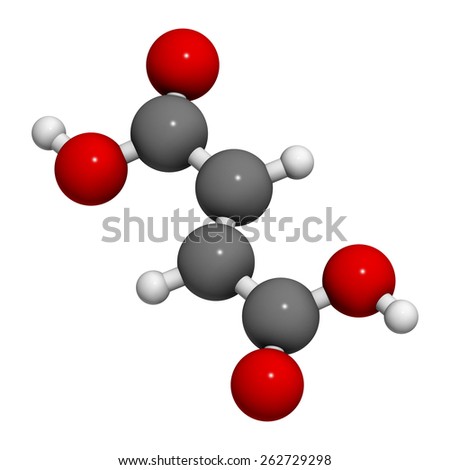 Fumaric acid molecule. Found in bolete mushrooms, lichen and iceland moss and used as food additive. Atoms are represented as spheres.