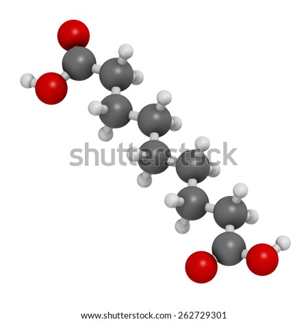 Azelaic acid (nonanedioic acid) molecule. Used in treatment of acne and rosacea. Atoms are represented as spheres with conventional color coding: hydrogen (white), carbon (grey), oxygen (red).