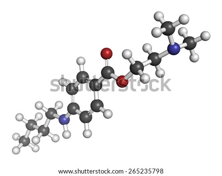 Tetracaine local anesthetic drug molecule. Atoms are represented as spheres with conventional color coding: hydrogen (white), carbon (grey), oxygen (red), nitrogen (blue).