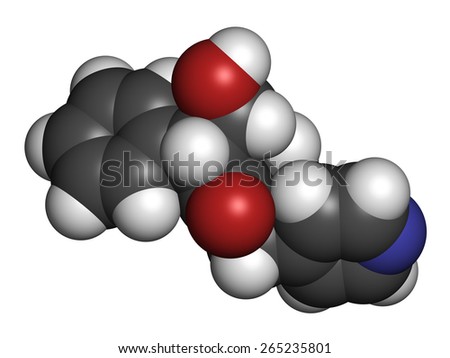 Tropicamide mydriatic eye drug molecule. Atoms are represented as spheres with conventional color coding: hydrogen (white), carbon (grey), oxygen (red), nitrogen (blue).