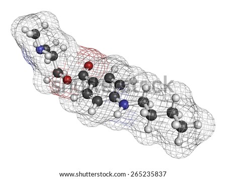 Tetracaine local anesthetic drug molecule. Atoms are represented as spheres with conventional color coding: hydrogen (white), carbon (grey), oxygen (red), nitrogen (blue).