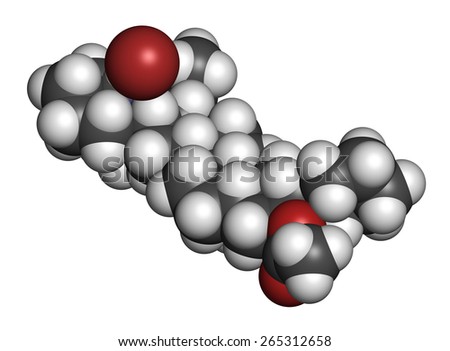 Vecuronium bromide muscle relaxant drug (paralyzing agent). Used in anesthesia but also in lethal injection cocktails. Atoms are represented as spheres with conventional color coding.