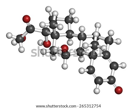 Prednisolone corticosteroid drug molecule. Atoms are represented as spheres with conventional color coding: hydrogen (white), carbon (grey), oxygen (red).