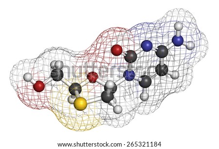 Lamivudine (3TC) antiviral drug molecule. Used in treatment of HIV and hepatitis B virus. Atoms are represented as spheres with conventional color coding: hydrogen (white), carbon (grey), etc