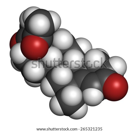 Medroxyprogesterone acetate (MPA) progestin hormone drug. Used as contraceptive, in hormone replacement therapy and in the treatment of endometriosis. Atoms are represented as spheres.