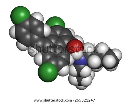 Lumefantrine (benflumetol) antimalarial drug molecule. Atoms are represented as spheres with conventional color coding: hydrogen (white), carbon (grey), oxygen (red), nitrogen (blue), chlorine (green)