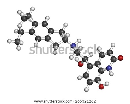 Indacaterol COPD drug molecule. Atoms are represented as spheres with conventional color coding: hydrogen (white), carbon (grey), oxygen (red), nitrogen (blue).
