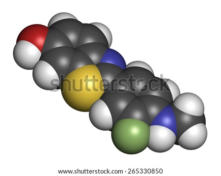 Flutemetamol (18F) PET tracer molecule. Used to diagnose Alzheimer\'s disease. Atoms are represented as spheres with conventional color coding: hydrogen (white), carbon (grey), etc