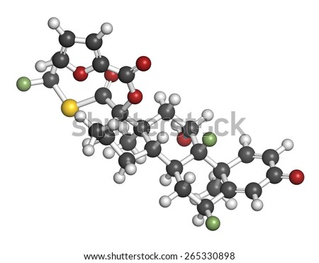 Fluticasone furoate corticosteroid drug molecule. Used in treatment of allergic rhinitis, COPD and chronic bronchitis. Atoms are represented as spheres with conventional color coding
