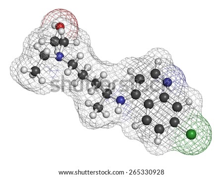 Hydroxychloroquine malaria drug molecule. Atoms are represented as spheres with conventional color coding: hydrogen (white), carbon (grey), oxygen (red), nitrogen (blue), chlorine (green).