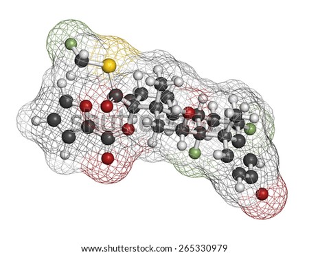 Fluticasone furoate corticosteroid drug molecule. Used in treatment of allergic rhinitis, COPD and chronic bronchitis. Atoms are represented as spheres with conventional color coding