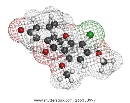 Griseofulvin antimycotic drug molecule. Used to treat fungal infections of the skin and nails. Atoms are represented as spheres with conventional color coding.