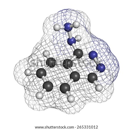 Hydralazine (apresoline) hypertension drug molecule. Atoms are represented as spheres with conventional color coding: hydrogen (white), carbon (grey), nitrogen (blue).