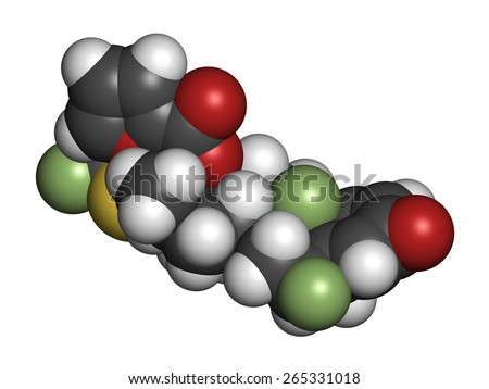 Fluticasone furoate corticosteroid drug molecule. Used in treatment of allergic rhinitis, COPD and chronic bronchitis. Atoms are represented as spheres with conventional color coding.