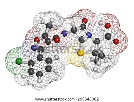 Cloxacillin antibiotic drug molecule. Atoms are represented as spheres with conventional color coding: hydrogen (white), carbon (grey), oxygen (red), nitrogen (blue), sulfur (yellow), chlorine (green)
