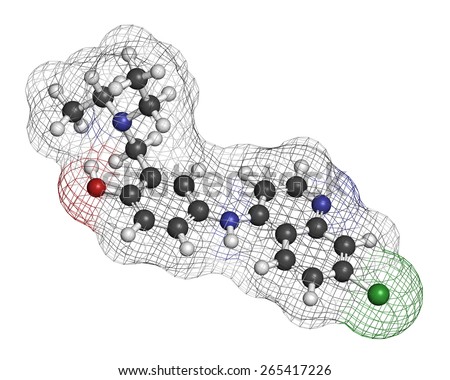 Amodiaquine anti-malarial drug molecule. Atoms are represented as spheres with conventional color coding: hydrogen (white), carbon (grey), oxygen (red), nitrogen (blue), chlorine (green).