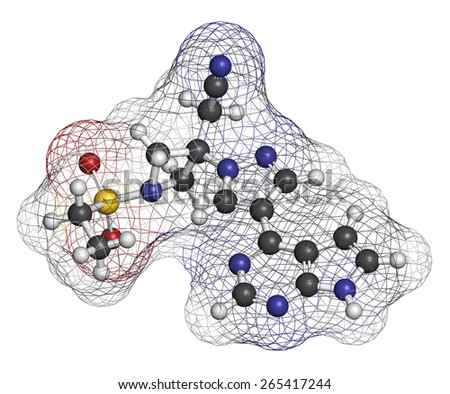 Baricitinib janus kinase (JAK1 & JAK2) inhibitor drug molecule. Under development for treatment of rheumatoid arthritis, psoriasis, etc. Atoms are represented as spheres with conventional color coding