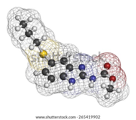 Albendazole anthelmintic drug molecule. Used in treatment of parasitic worm infestations. Atoms are represented as spheres with conventional color coding: hydrogen (white), carbon (grey), etc