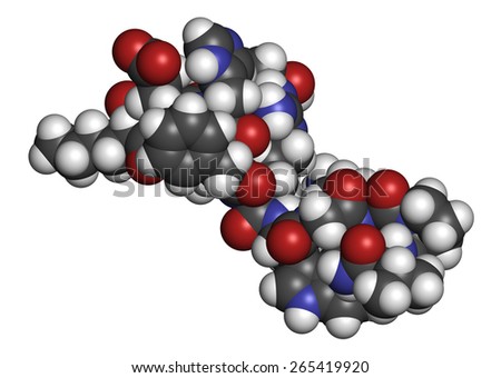 Afamelanotide (melanotan-1) photoprotective drug molecule. Atoms are represented as spheres with conventional color coding: hydrogen (white), carbon (grey), oxygen (red), nitrogen (blue).