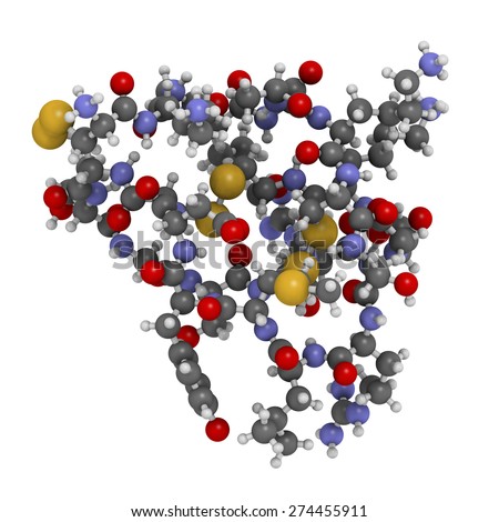 Ziconotide pain drug molecule. Synthetic form of omega conotoxin from cone snail. Atoms shown as color-coded spheres.