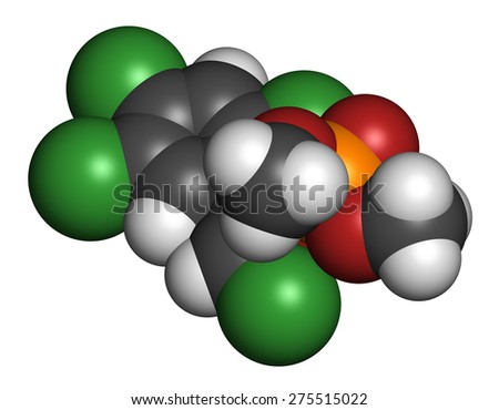 Tetrachlorvinphos organophosphate insecticide molecule. Atoms are represented as spheres with conventional color coding: hydrogen (white), carbon (grey), oxygen (red), chlorine (green), etc