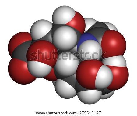Sialic acid (N-acetylneuraminic acid, Neu5Ac, NANA) molecule. Atoms are represented as spheres with conventional color coding: hydrogen (white), carbon (grey), oxygen (red), nitrogen (blue).