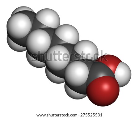 Caprylic (octanoic) acid. Medium-chain fatty acid, used as antimicrobial agent, food supplement and chemical intermediate. Atoms are represented as spheres with conventional color coding.