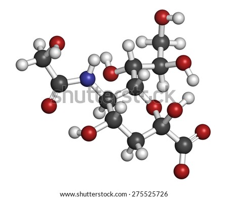 N-glycolylneuraminic acid (Neu5Gc) molecule. Sialic acid found in most mammals but missing in humans. Atoms are represented as spheres with conventional color coding: hydrogen (white), etc