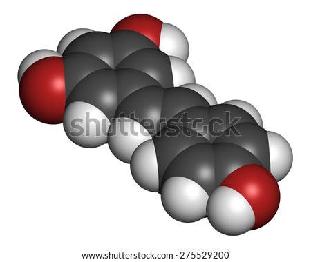 Resveratrol molecule. Present in many plants, including grapes and raspberries. Believed to have a number of positive health effects. Atoms are represented as spheres with conventional color coding.