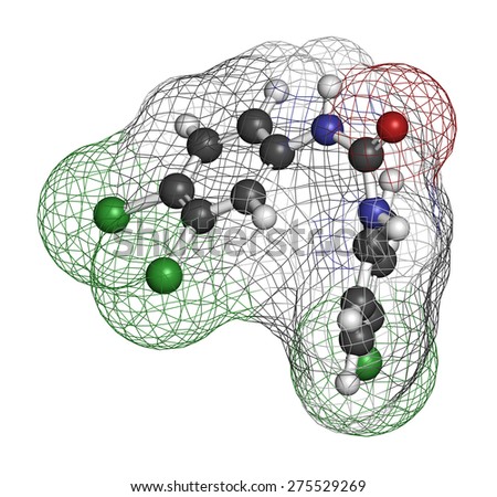 Triclocarban antibacterial agent molecule. Often used in antibacterial soaps and lotions. Atoms are represented as spheres with conventional color coding: hydrogen (white), carbon (grey), etc