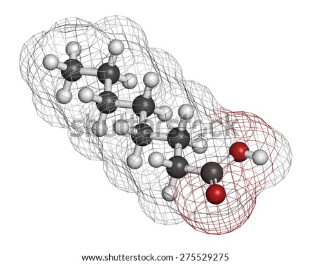 Caprylic (octanoic) acid. Medium-chain fatty acid, used as antimicrobial agent, food supplement and chemical intermediate. Atoms are represented as spheres with conventional color coding.