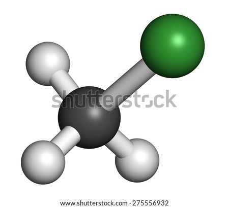 Chloromethane (methyl chloride) molecule. Atoms are represented as spheres with conventional color coding: hydrogen (white), carbon (grey), chlorine (green).
