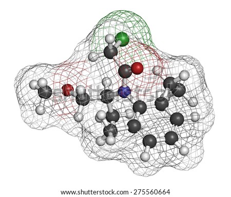 Metolachlor herbicide (weed killer) molecule. Atoms are represented as spheres with conventional color coding: hydrogen (white), carbon (grey), oxygen (red), nitrogen (blue), chlorine (green).