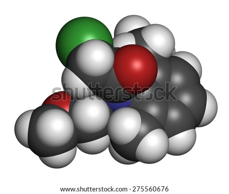 Metolachlor herbicide (weed killer) molecule. Atoms are represented as spheres with conventional color coding: hydrogen (white), carbon (grey), oxygen (red), nitrogen (blue), chlorine (green).