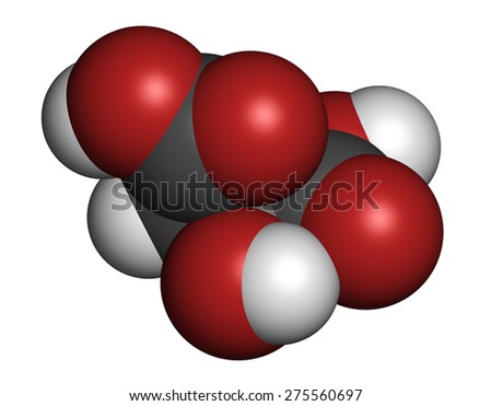 Malic acid fruit acid molecule. Present in apples, grapes, rhubarb, etc and contributes to the sour taste of these. Atoms are represented as spheres with conventional color coding.