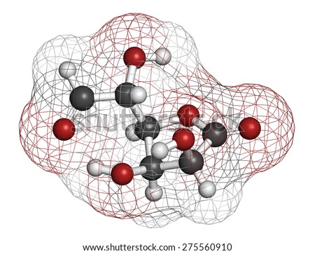 Glucuronolactone molecule. Used in food supplements and energy drinks. Atoms are represented as spheres with conventional color coding: hydrogen (white), carbon (grey), oxygen (red).
