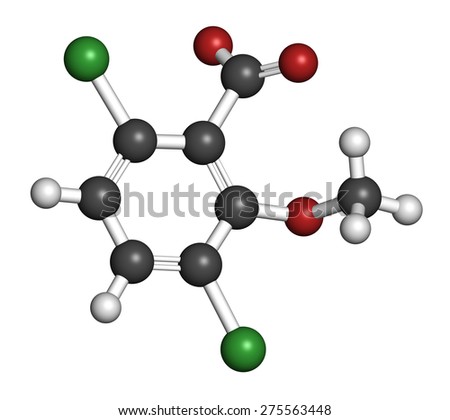 Dicamba herbicide molecule. Used in weed control. Atoms are represented as spheres with conventional color coding: hydrogen (white), carbon (grey), oxygen (red), chlorine (green).
