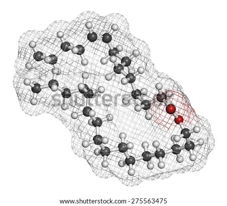 Cetyl myristoleate food supplement molecule. Cetylated fatty acid that may have anti-inflammatory properties. Atoms are represented as spheres with conventional color coding: hydrogen (white), etc
