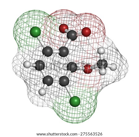 Dicamba herbicide molecule. Used in weed control. Atoms are represented as spheres with conventional color coding: hydrogen (white), carbon (grey), oxygen (red), chlorine (green).