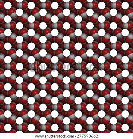 Ice (frozen water, hexagonal), crystal structure. Atoms shown as color coded spheres: oxygen, red; hydrogen, white. Detail.