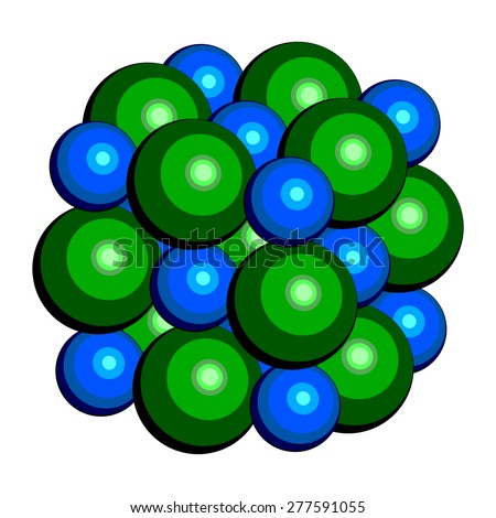 Sodium chloride (rock salt, halite, table salt), crystal structure. Atoms shown as color-coded spheres (Na, blue; Cl, green). Unit cell.