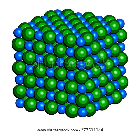 Sodium chloride (rock salt, halite, table salt), crystal structure. Atoms shown as color-coded spheres (Na, blue; Cl, green).