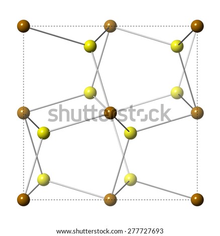 Pyrite (fool\'s gold, Fe2S) mineral, crystal structure. Atoms shown as spheres. Iron, brown; sulfur, yellow. Unit cell.
