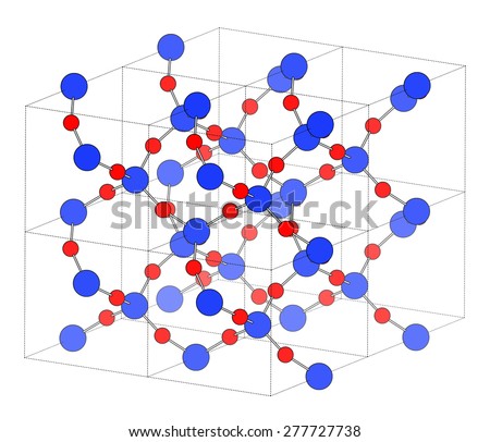 Quartz (rock crystal) mineral, crystal structure. Onyx, amethyst and agate gemstone are all varieties of quartz. Atoms shown as color-coded spheres (Si, blue; O, red).
