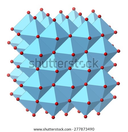 Calcium oxide (CaO, quicklime, burnt lime), crystal structure. Essential ingredient of cement. Oxygen atom shown as red spheres, calcium as blue polyhedra.