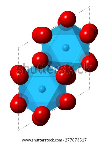 Corundum (Aluminium oxide), crystal structure. Ruby gems consist of red transparent corundum, sapphire from other color varieties of transparent corundum. O as red spheres, AL as  blue polyhedra.