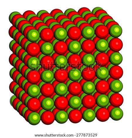 Calcium oxide (CaO, quicklime, burnt lime), crystal structure. Essential ingredient of cement. Oxygen atom shown as red spheres, calcium as green spheres.